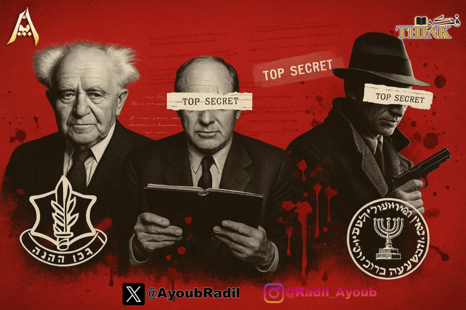 صورة رمزية عن تاريخ الاغتيالات السياسية في الفكر الصهيوني، تضم بن غوريون، الموساد، والهاغانا بأسلوب بصري سري ومشحون بالأحداث التاريخية.