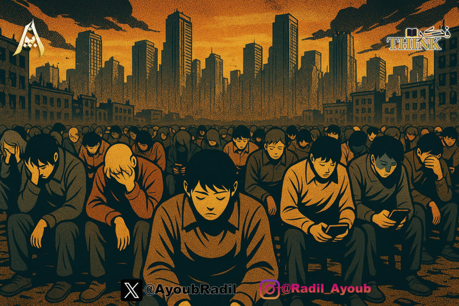 مجموعة من الناس بوجوه منكسرة داخل مدينة مدمرة في مشهد ديستوبي يعكس مفهوم البؤس الطوعي في المجتمعات.