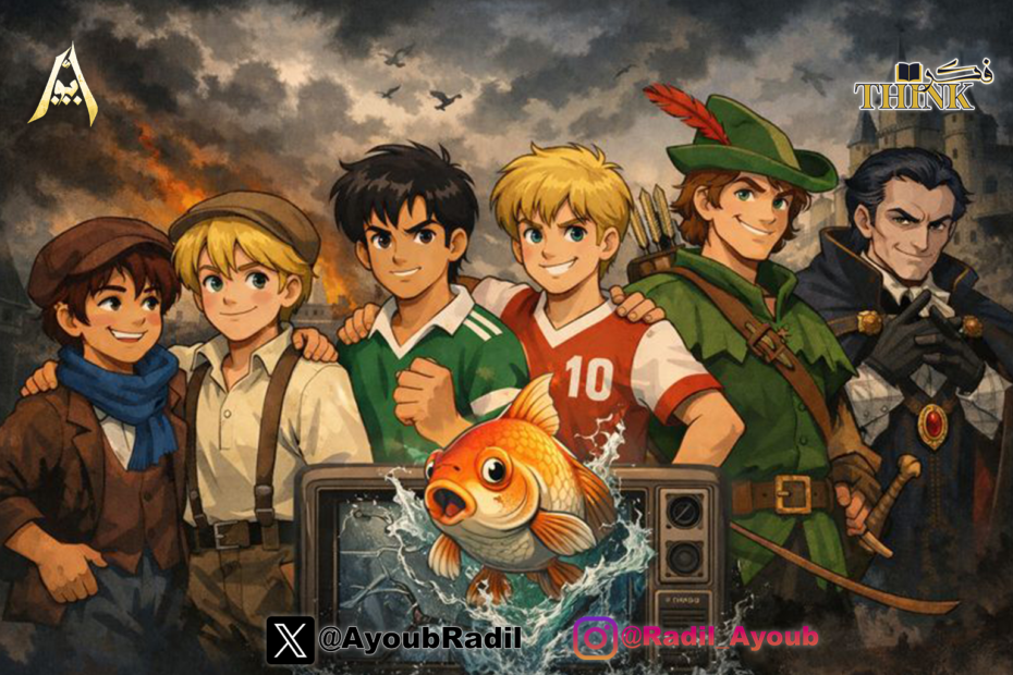 شخصيات طفولة تقف خلف تلفاز مكسور تخرج منه سمكة، في تجسيد ساخر لذاكرة الجيل القصيرة وانتقاله من المبادئ إلى ثقافة الترند.