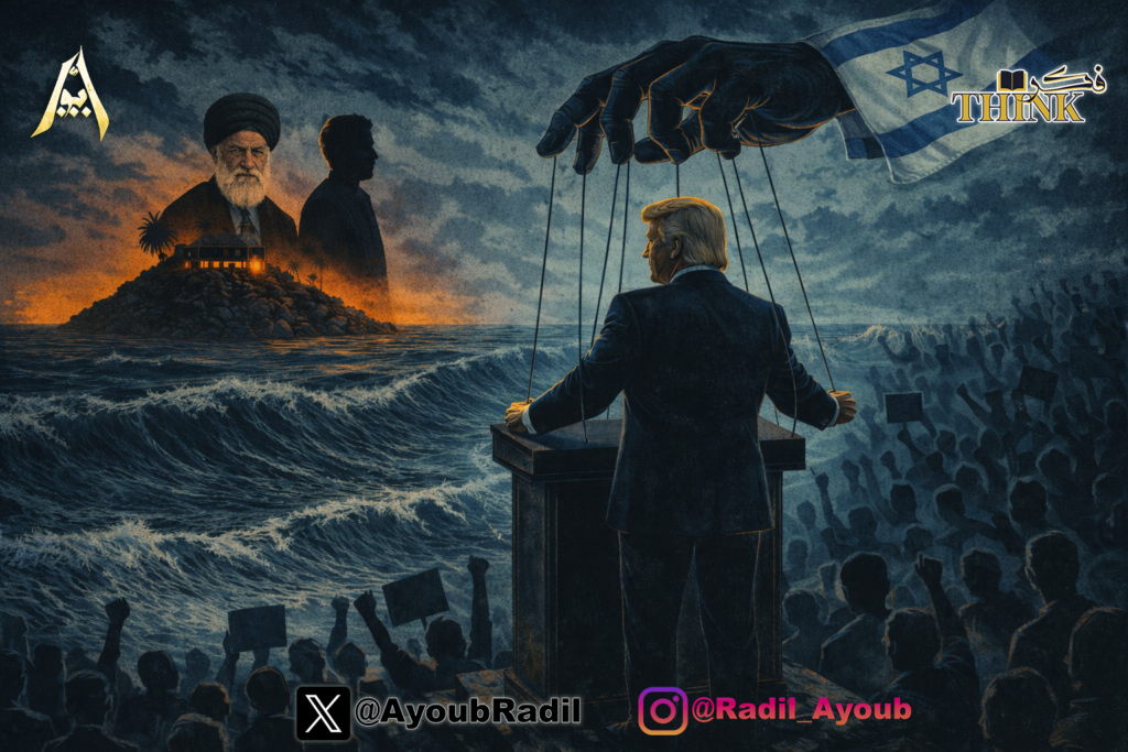 ترامب كدمية بخيوط تحركها يد تحمل علم إسرائيل، وخلفه موجة احتجاجات وجزيرة مظلمة ترمز لابتزاز الملفات وصنع قرار الحرب