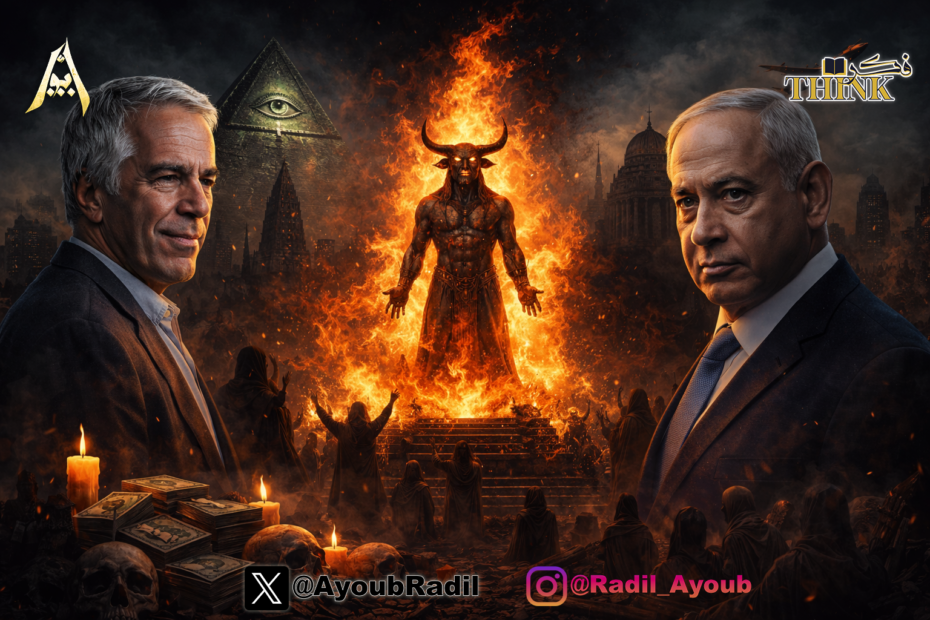 مشهد رمزي لبعل وسط ألسنة النار مع شخصيتين تشبهان إبستين ونتنياهو وعناصر توحي بالطقوس والمال والحرب في خلفية مظلمة.
